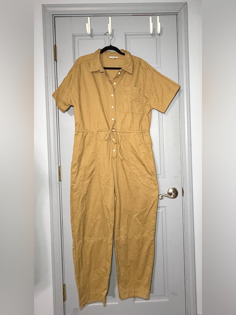 Madewell Short-Sleeve Button-Front Jumpsuit in Mustard Tan